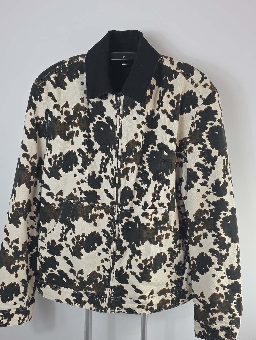 Zara Black and Cream Cow-Print Zip Jacket